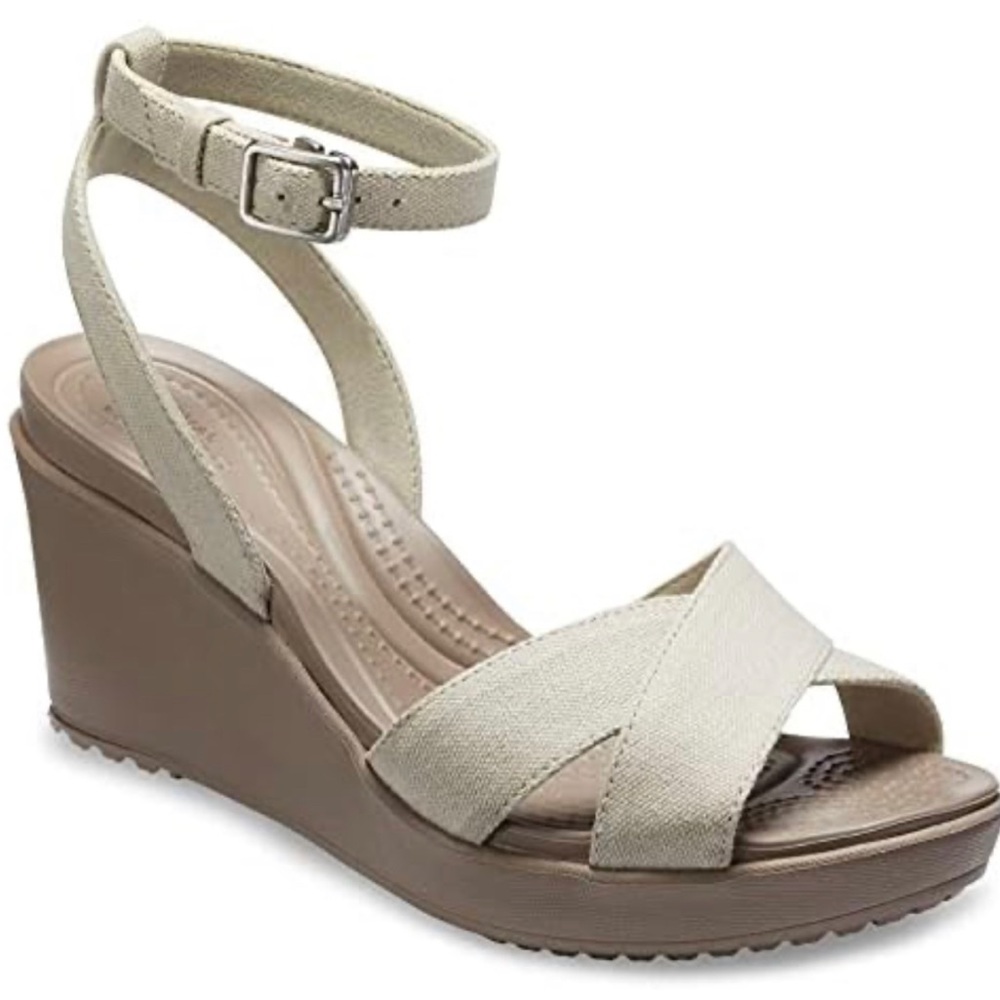 CROCS Leigh Women's Light Beige Canvas Wedge Sandals with Ankle Strap size 6